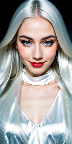 





woman , beautiful face, perfect face, blue eyes fully white hair, pale white skin, sexy marks, perfect, abstract white and black background, shiny accessories, best quality, clear texture, details, canon eos 80d photo, very little light makeup, reflective costume, smile, upper body