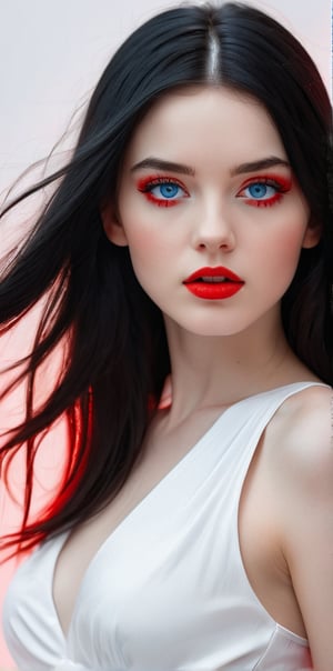 




	(digital art, ultra-realistic, high detail, high resolution, photorealistic), giving a surreal and captivating visual experience, with a focus on the contrast between the white black and red elements, 
pretty young woman, blue color eyes, fully black hair, pale white skin, 
	shiny small accessories, very little light makeup, 
	abstract white-red background, (white red background:1.1), 
	best photo quality, clear detailed texture, canon eos 80d photo, 
	, leaning standing pose, waist-up shot, 
extra details texture, absolute realistic photo, long straight hair, saturated colors