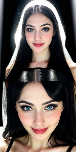 





woman , beautiful face, perfect face, blue eyes fully black hair, pale white skin, sexy marks, perfect, abstract white and black background, shiny accessories, best quality, clear texture, details, canon eos 80d photo, very little light makeup, reflective costume, smile, upper body