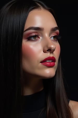 




pretty woman, graphics interesting creative effect, black dark color theme, light skin, red cheeks, , pink lips, glossy shiny reflective lips, long straight hair, looking aside