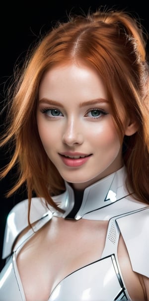 




	woman, beautiful perfect face, random color eyes, fully redhead hair, pale white skin, sexy face marks, perfect, 
	shiny small accessories, very little light makeup, reflective futuristic costume, 
	abstract white-black background, (white black background:1.1), 
	best photo quality, clear detailed texture, canon eos 80d photo, 
	smile, leaning standing pose, 
extra details texture, absolute realistic photo, long straight hair.