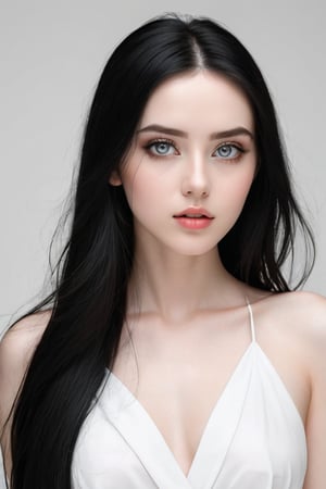 




	woman, random color eyes, fully black hair, pale white skin, 
	shiny small accessories, very little light makeup, 
	abstract white-black background, (white black background:1.1), 
	best photo quality, clear detailed texture, canon eos 80d photo, 
	, leaning standing pose, waist-up shot, 
extra details texture, absolute realistic photo, long straight hair, 
(digital art, ultra-realistic, high detail, high resolution, photorealistic), giving a surreal and captivating visual experience, with a focus on the contrast between the white and black elements.