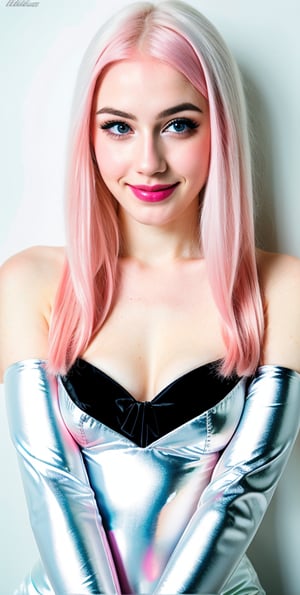 





woman , beautiful face, perfect face, blue eyes fully pink hair, pale white skin, sexy marks, perfect, abstract white and black background, shiny accessories, best quality, clear texture, details, canon eos 80d photo, very little light makeup, reflective costume, smile, upper body