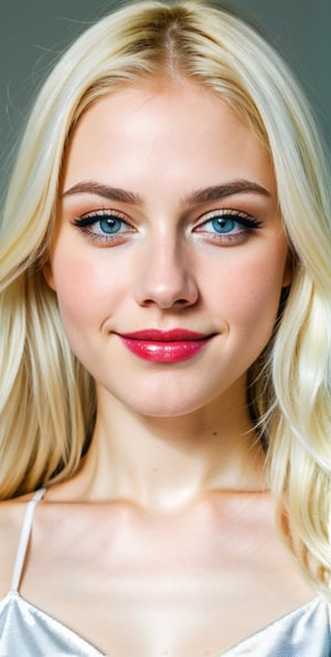 





woman , beautiful face, perfect face, blue eyes fully blonde yellow hair, pale white skin, sexy marks, perfect, abstract white and black background, shiny accessories, best quality, clear texture, details, canon eos 80d photo, very little light makeup, reflective costume, smile, upper body