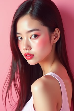 




pretty woman, graphics interesting creative effect, pink-background only, light skin, red cheeks, , pink lips, glossy shiny reflective lips, long straight hair, looking aside