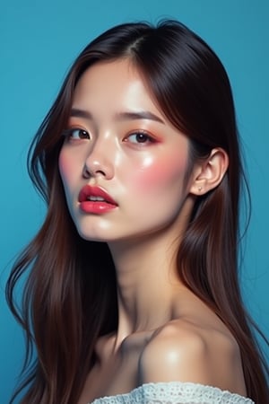 




pretty woman, graphics interesting creative effect, blue-background only, light skin, red cheeks, , pink lips, glossy shiny reflective lips, long straight hair, looking aside