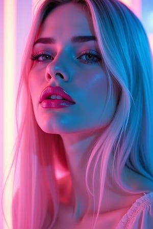 





pretty woman, graphics interesting creative effect, white neon background neon lights, pink lips, glossy shiny reflective lips, long straight hair, snow white skin