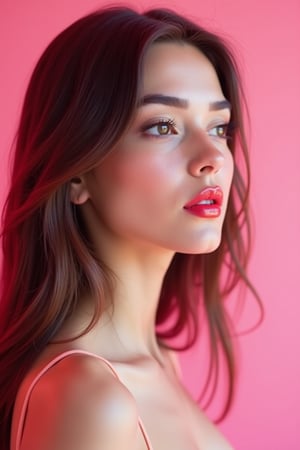 




pretty woman, graphics interesting creative effect, pink-background only, light skin, red cheeks, , pink lips, glossy shiny reflective lips, long straight hair, looking aside