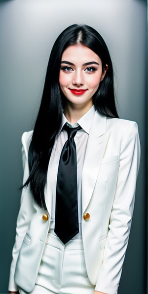 woman, beautiful face, perfect face, blue eyes fully black hair, pale white skin, sexy marks, perfect, abstract white and black background, shiny accessories, best quality, clear texture, details, canon eos 80d photo, very little light makeup, reflective formal business suit costume, smile, upper body 