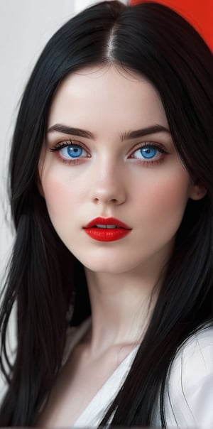 




	(digital art, ultra-realistic, high detail, high resolution, photorealistic), giving a surreal and captivating visual experience, with a focus on the contrast between the white black and red elements, 
pretty young woman, blue color eyes, fully black hair, pale white skin, 
	shiny small accessories, very little light makeup, 
	abstract white-red background, (white red background:1.1), 
	best photo quality, clear detailed texture, canon eos 80d photo, 
	, leaning standing pose, waist-up shot, 
extra details texture, absolute realistic photo, long straight hair, saturated colors