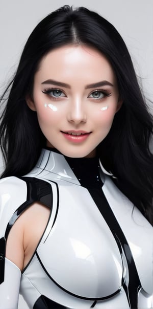 




	woman, beautiful perfect face, random color eyes, fully black hair, pale white skin, sexy face marks, perfect, 
	shiny small accessories, very little light makeup, reflective futuristic costume, 
	abstract white-black background, (white black background:1.1), 
	best photo quality, clear detailed texture, canon eos 80d photo, 
	smile, leaning standing pose