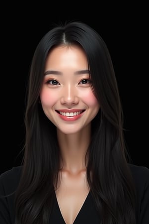 




26 years old western woman, black background, dark theme, snow white skin tone, ligh skin tone, super straight hair, tall oval face shape, light makeup, smile, glossy lips, ultra detailed