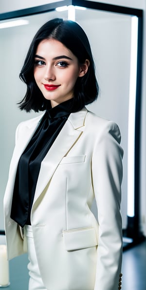 woman, beautiful face, perfect face, blue eyes fully black hair, pale white skin, sexy marks, perfect, abstract white and black background, shiny accessories, best quality, clear texture, details, canon eos 80d photo, very little light makeup, reflective formal business suit costume, smile, upper body 