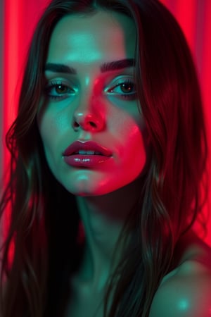 





pretty woman, graphics interesting creative effect, dark red green neon lights theme, pink lips, glossy shiny reflective lips, long straight hair, snow white skin 