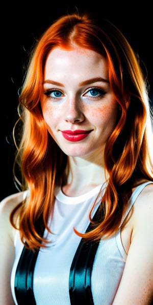 





woman , beautiful face, perfect face, blue eyes fully redhead ginger hair, pale white skin, sexy marks, perfect, abstract white and black background, shiny accessories, best quality, clear texture, details, canon eos 80d photo, very little light makeup, reflective costume, smile, upper body