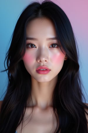 




pretty woman, western face marks, , blue-pink-background only, light skin, , , glossy pink lips, , long black hair, super straight hair, reflective hair, waist-up shot view