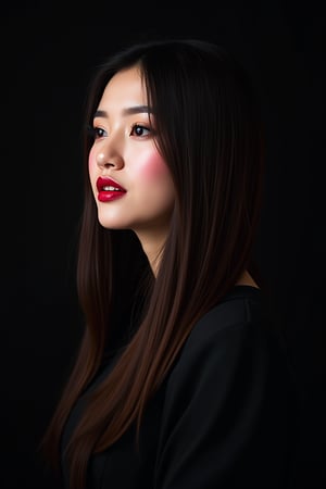 




pretty woman, graphics interesting creative effect, black dark color theme, light skin, red cheeks, , pink lips, glossy shiny reflective lips, long straight hair, looking aside