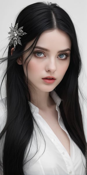 




	(digital art, ultra-realistic, high detail, high resolution, photorealistic), giving a surreal and captivating visual experience, with a focus on the contrast between the white and black elements, 
woman, random color eyes, fully black hair, pale white skin, 
	shiny small accessories, very little light makeup, 
	abstract white-black background, (white black background:1.1), 
	best photo quality, clear detailed texture, canon eos 80d photo, 
	, leaning standing pose, waist-up shot, 
extra details texture, absolute realistic photo, long straight hair, saturated colors