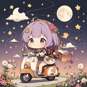 (chibi),fairy tale illustrations,Perfect sky, moon and shooting stars,moon on face, pagan style graffiti art, girl riding a scooter, hippy van, veichle focus, motor vehicle, Flower,(☆ // purple gradient background),)Star mark hanging on a string:1.2),
 BREAK
 top quality, sharp detail, oversaturated, detailed and complex, original work, trendy, vintage, award winning, artint,artint,starry sky,Anime girl,astronaut_flowers,seseeeh
