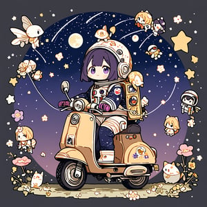 (chibi),fairy tale illustrations,Perfect sky, moon and shooting stars,moon on face, pagan style graffiti art, girl riding a scooter, hippy van, veichle focus, motor vehicle, Flower,(☆ // purple gradient background),)Star mark hanging on a string:1.2),
 BREAK
 top quality, sharp detail, oversaturated, detailed and complex, original work, trendy, vintage, award winning, artint,artint,starry sky,Anime girl,astronaut_flowers,seseeeh