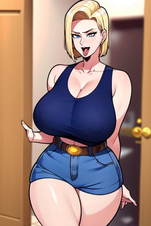 1 girl, alone, breasts, looking at viewer, short hair, open mouth, blue eyes, blonde hair, shirt, cleavage, bare shoulders, jewelry, standing, collarbone, thighs, earrings, shorts, sleeveless, tongue, indoors, tongue out, mole, blurry, huge breasts, sheer white shirt, shorts, blurred background, tank top, denim, front, curvy, denim shorts, mole on chest, door, tight clothing, tile floor, tight shirt, veiny breasts, android 18