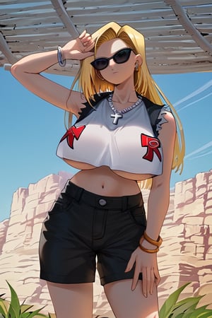 1 girl, alone, long hair, looking at viewer, blonde hair, shirt, blonde hair, big tits, huge breasts, baggy shirts, belly button, jewelry, standing, white shirt, cowboy photo, outdoors, shorts, sleeveless, daytime, midriff, necklace, arm raised, bracelet, crop top, black shorts, sunglasses, cross, biker shorts, cross necklace, android 18