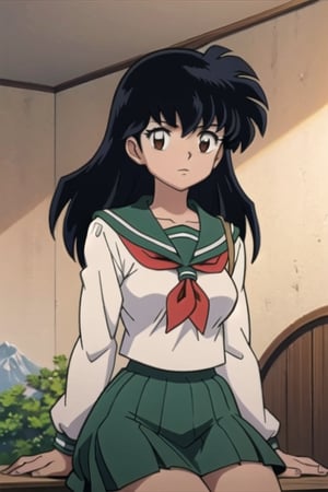 best quality, masterpiece, full body, portrait, 1 girl, higurashi kagome, black hair, brown eyes, long hair, medium breasts, serafuku, sitting in the field mountains, hair in the wind, skirt in the wind, (((showing clothes white interior)))