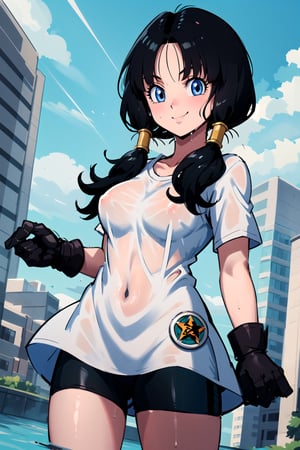 masterpiece, best quality, high resolution, videl2, solo, blue eyes, black hair, twintails, black gloves, bicycle shorts, bangs, white shirt, badge, medium breasts, cowboy shot, smile, (wet: 1 ,5)