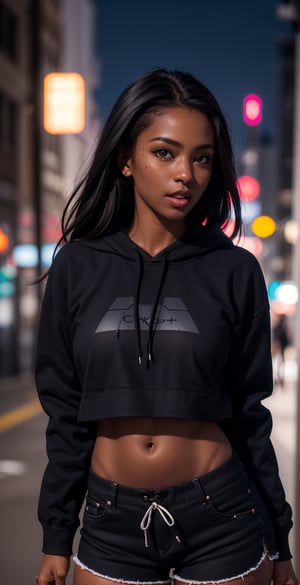 a beautiful woman, (dark skin: 1.7) looking at the viewer, (((masterpiece, best quality))), (ultra detailed), portrait of a very beautiful girl who is in the city at night, illuminated, well lit. light lighting, she is wearing sexy cropped hoodies and black shorts, looking away from the camera, with open mouth, realistic and detailed photography, bokeh background, 3d style