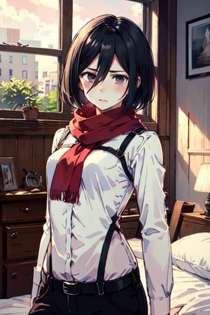 masterpiece, best quality, high resolution, hmmikasa, short hair, black eyes, scarf, red scarf, short white pants, short white blouse, sensual pose, tender look, blushing, wooden room