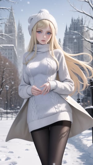 (pretty, beautiful, european girl, western girl, caucasian girl:1.5), (blonde hair, detailed blue eyes, pale skin:1.2), (20 years old:1.3), slim, slender, high nose, (huge breasts), (sweater, coat), micro miniskirt, long legs, pantyhose, wool hat, central park, winter, snow, ice, 