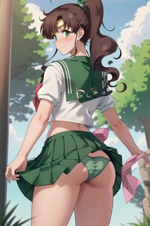 masterpiece, best quality, perfect antomy, SMJupiter, SMJupiterOutfit, green sailor collar, green skirt, senshi sailor uniform, brown ponytail, smile, cowboy shot, standing, outdoor, wind skirt, ( (embarrassed, blushing, shy)) (showing her underwear: 1.5) from back, from behind, (large chest: 1.3)