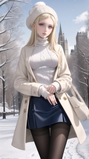 (pretty, beautiful, european girl, western girl, caucasian girl:1.5), (blonde hair, detailed blue eyes, pale skin:1.2), (20 years old:1.3), slim, slender, high nose, (huge breasts), (sweater, coat), micro miniskirt, long legs, pantyhose, wool hat, central park, winter, snow, ice, 