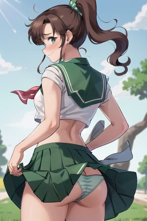 masterpiece, best quality, perfect antomy, SMJupiter, SMJupiterOutfit, green sailor collar, green skirt, senshi sailor uniform, brown ponytail, smile, cowboy shot, standing, outdoor, wind skirt, ( (embarrassed, blushing, shy)) (showing her underwear: 1.5) from behind, from behind