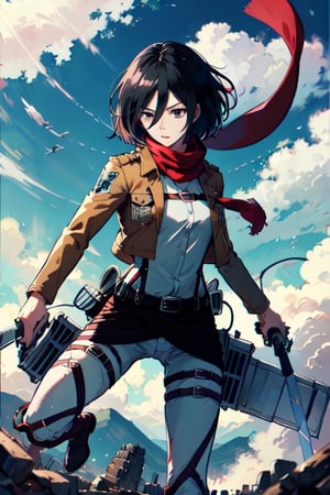 masterpiece, best quality, highres, hmmikasa, short hair, black eyes, scarf, emblem, belt, thigh strap, red scarf, white pants, brown jacket, long sleeves, holding weapon, sword, dual wielding, three-dimensional maneuver gear, fighting stance, sky,