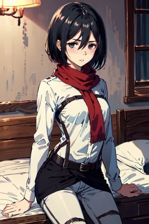 masterpiece, best quality, high resolution, hmmikasa, short hair, black eyes, scarf, red scarf, short white pants, short white blouse, sensual pose, tender look, blushing, wooden room