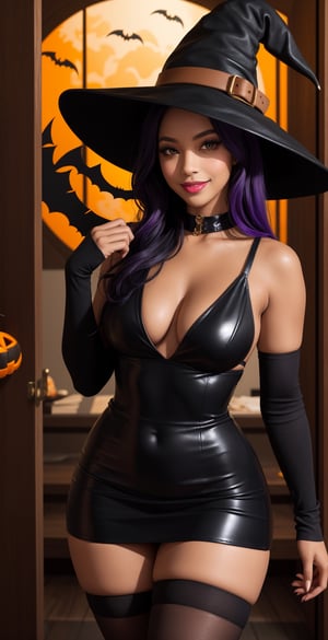 a beautiful woman, (((black, tan woman))) looking at the viewer, big honey-colored eyes, long eyelashes, small mouth, smile, short, shoulder-length straight black-purple hair. Full leather, medium round and perfect chest, slim waist, curvy body. black dress stuck to her body, torn stockings, witch hat, black box, halloween decoration