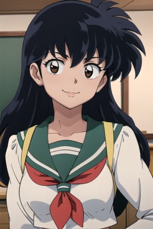 best quality, masterpiece, close-up, portrait, 1girl, higurashi kagome, black hair, brown eyes, long hair, medium breasts, serafuku, sailor collar, indoors, classroom, looking at viewer ,smile