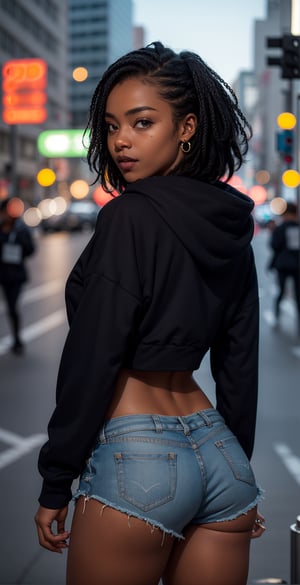 a beautiful woman, (dark skin: 1.7) looking at the viewer, (((masterpiece, best quality))), (ultra detailed), portrait of a very beautiful girl who is in the city at night, illuminated, well lit. light lighting, she is wearing sexy cropped hoodies and black shorts, looking away from the camera, with her mouth open, realistic and detailed photography, bokeh background, 3d style, from behind, crouched