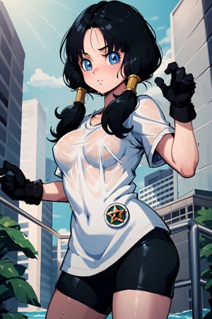 masterpiece, best quality, high resolution, videl2, solo, blue eyes, black hair, twintails, black gloves, bicycle shorts, bangs, white shirt, badge, medium breasts, cowboy shot, distressed, (wet: 1 ,5)