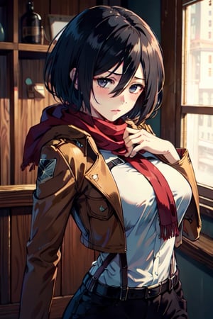 masterpiece, best quality, high resolution, hmmikasa, short hair, black eyes, scarf, red scarf, (close-fitting leather suit) sensual pose, tender look, blushing, wooden quarter, big breasts