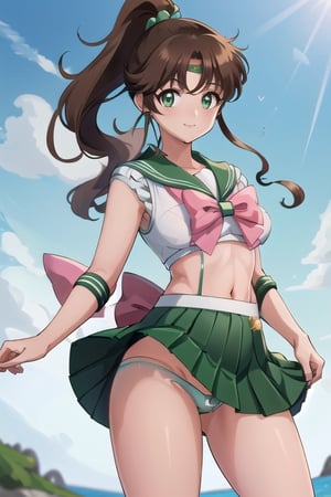 masterpiece, best quality, perfect antomy, SMJupiter, SMJupiterOutfit, green sailor collar, green skirt, senshi sailor uniform, brown ponytail, smile, cowboy shot, standing, outdoors, skirt in the wind, distressed , blushing, shy (showing her underwear: 1.5)