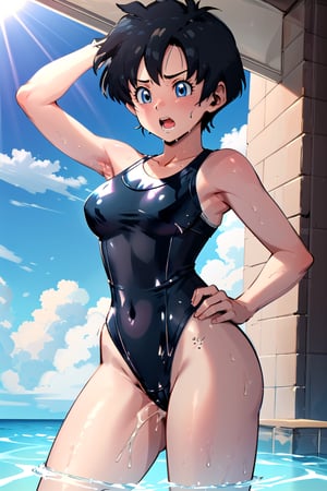 masterpiece, best quality, high resolution, videl2, solo, blue eyes, black hair, medium breasts, distressed, (swimsuit: 1.5)(sexyr: 1.3), hotel