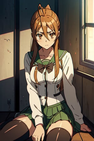 rei miyamoto, long hair, brown hair, (brown eyes: 1.5), antenna hair, long ponytail,
BREAK skirt, thigh highs, school uniform, serafuku, zettai ryouiki, green skirt, bow tie, long sleeves, black thigh highs, black bow tie,
REST inside, in the classroom,
BREAK, (masterpiece: 1.2), best quality, high resolution, Unity 8k wallpaper, (artwork: 0.8), (beautiful detailed eyes: 1.6), extremely detailed face, perfect lighting, extremely detailed CG (perfect hands, anatomy perfect),
sitting on the floor, legs open, showing her underwear