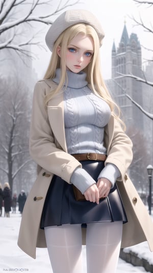 (pretty, beautiful, european girl, western girl, caucasian girl:1.5), (blonde hair, detailed blue eyes, pale skin:1.2), (20 years old:1.3), slim, slender, high nose, (huge breasts), (sweater, coat), micro miniskirt, long legs, pantyhose, wool hat, central park, winter, snow, ice, 