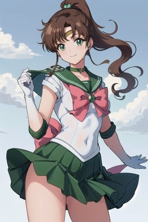 masterpiece, best quality, perfect antomy, SMJupiter, SMJupiterOutfit, green sailor collar, green skirt, senshi sailor uniform, brown ponytail, smile, cowboy shot, standing, outdoor, wind skirt, clothing inside