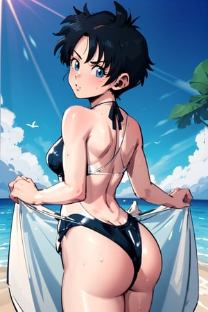 masterpiece, best quality, high resolution, videl2, solo, blue eyes, black hair, medium breasts, distressed, (swimsuit: 1.5)(sexy: 1.3), hotel, back