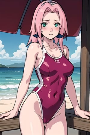 masterpiece, best quality, (self review: 1.5), haruno sakura, pink hair, long hair, green eyes, red swimsuit, beach, sea sexy pose, blushing