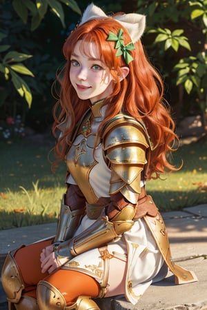 realistic image, HD, 4k, full body, white-skinned dwarf girl, Wearing heavy armor from lineage 2 game, freckles on cheekbones and nose, beautiful face, big green eyes, smiling (long wavy orange hair with bows on one side of the head, hair covering ears), small but stocky body,