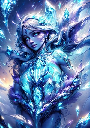 super detailed image, HD, 4k, face image, humanoid creature of feminine appearance, composed of translucent crystals of light blue color, inside luminous energy running through its body. Scales on its neck made of opaque, dark, solid glass in the form of plates, as if it were armor attached to the body, with elaborate designs that allow fluid movement. What appears to be hair is condensed energy with a gelatin-like texture, shiny and continually moving as if under water. It has a human-like face, big bright violet eyes, full of light energy, a nose-like silhouette, beautiful feminine full lips, (super detailed face, super detailed body),